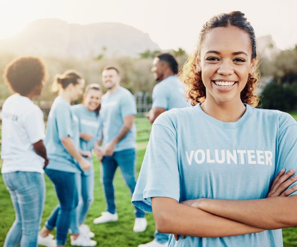 Woman in portrait, volunteer and smile with eco friendly help, environment and sustainability, green and waste management. Cleaning, charity and team leader with happiness and community service.